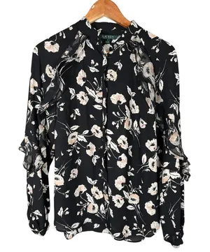 Lauren‎ Ralph Lauren Womens Small Shirt Floral Long Sleeve Ruffled Blouse Black thumbnail 1