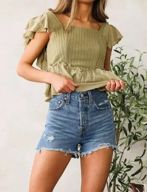 LEVI’S Ribcage Denim Shorts High Rise Button Fly Distressed Raw Hem Size 24 thumbnail 1