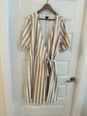 Ann Taylor Striped Wrap Dress Puff Sleeves Tan White Size XXL thumbnail 2