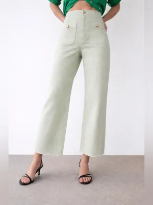 Zara Light Green High Rise Wide Leg Cropped Jeans Size 4 thumbnail 2