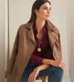Chicos Brown Zippered Pocketed Faux Leather Suede Lined Motorcycle Jacket 4 6 thumbnail 3