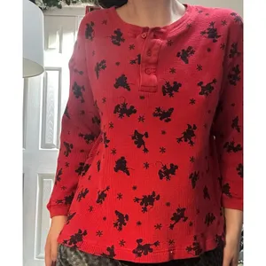 Vintage 90s Disney Store Red Waffle Knit Christmas Mickey Mouse Henley Womens thumbnail 2
