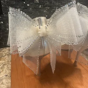 Deltan Abbie Bow Heels Size 8.5 Wedding Prom Champagne Sandals Tulle Rhinestone thumbnail 2
