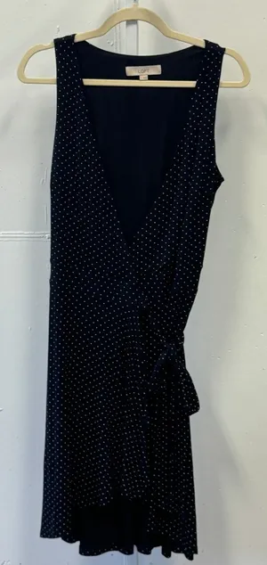 LOFT Polka Dot Sleeveless Wrap Dress Navy Blue White V-Neck Small Soft Stretch thumbnail 1