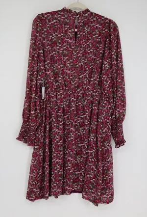 Draper James RSVP Smocked Floral Dress L Burgundy Metallic Long Sleeve Cottageco thumbnail 1