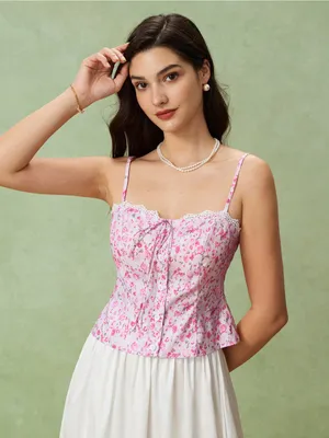 Rihoas Pink Floral Sweetheart Neck Cami Top thumbnail 1