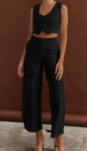 Commense Solid Asymmetrical Straight Leg Pants Set size xs Black thumbnail 1