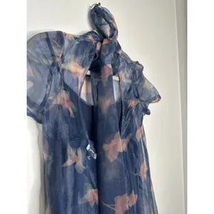 STAUD Botanical Navy Calluna Organza Mesh High Neckline Tie Back Gown size Small thumbnail 9