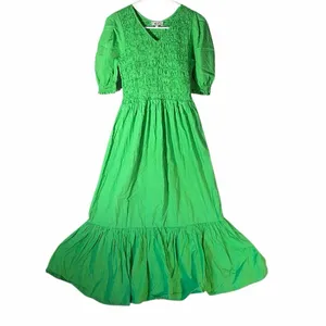 BOII Green Smocked Puff Sleeve Maxi Dress XS Cotton Tiered Ruffle Cottagecore thumbnail 2