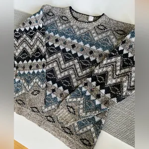 Vintage Method Blue Black Tan Fair Isle Eclectic Grandpa Crewneck Sweater Sz M thumbnail 7