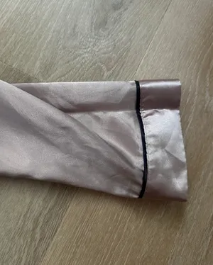 Blush Pink Satin Pajama Set with Black Piping — L thumbnail 4