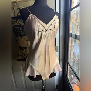 Vintage Val Mode pink chiffon trim satin bodysuit robe set, size medium thumbnail 14