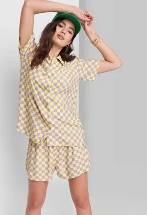 Ascot & Hart Yellow & Lavender Check Button Down + Shorts Lounge Set thumbnail 1