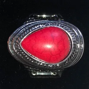 Red Teardrop Stone Silver Tone Boho Statement Ring thumbnail 2