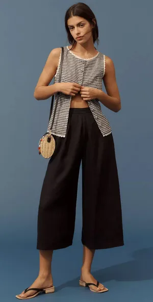 Anthropologie Linen Pleated Culotte Trousers Black NWT Size Small MSRP $138 thumbnail 1