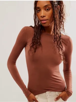 FREE PEOPLE Low Back Long Sleeve‎ Tee Top Medium Large Brown Seamless Ballet New thumbnail 1