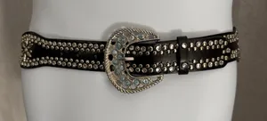 Studded Black Faux Leather Belt with Decorative Accent Buckle Sz: M thumbnail 1