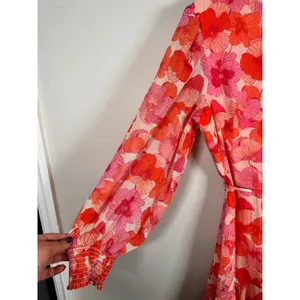 Maison Tara Floral Mini Dress Womens 12 Pink‎ Orange Ruffle Smocked Long Sleeve thumbnail 2