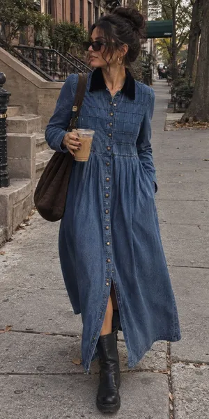 Vintage 90s Karin Stevens Denim Maxi Dress Velvet Collar Button Front 6P thumbnail 1