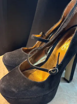 Aldo Black Suede Mary Jane Platform Pumps Gold Insole High Block Heel Size 37 thumbnail 1