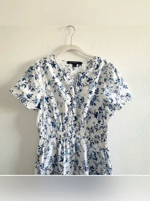 French Connection Floral Print Midi Dress Blue White Cottagecore Casual thumbnail 2