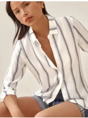 Reformation White Button-Down Shirt with Navy Stripes thumbnail 1