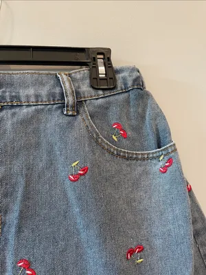 Denim Mini Skirt with Red Cherry Embroidery xl thumbnail 2