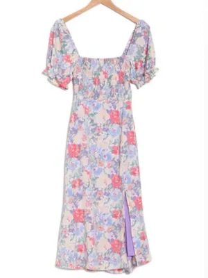 ASTR Smocked Square-Neck Floral Midi Dress in Pastel Multi, Medium NWT thumbnail 2