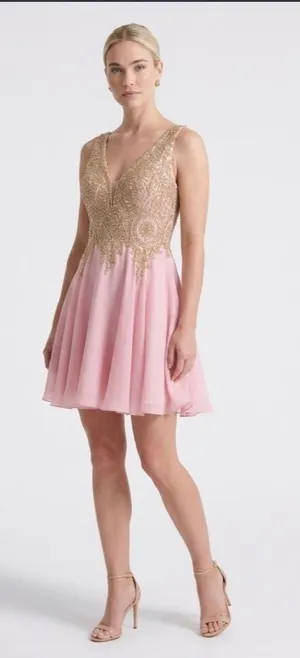 May Queen Couture Pink Chiffon Homecoming Dress with Gold Beaded Bodice Size 10 thumbnail 1