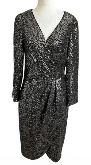 Eliza J Womens 10 Sequin V Neck Long Sleeve Cocktail Dress Black Gold | 24-11 thumbnail 1