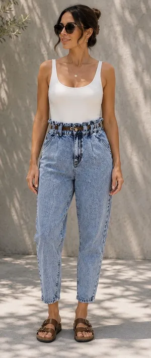 Zara Womens Size 4 Acid Wash Paperbag Waist Mom Jeans Light Blue‎ Denim thumbnail 1