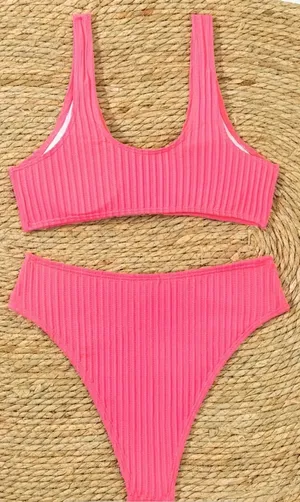 Rib Knit V Wired Plain 2 Piece Set Bikini Pink thumbnail 2