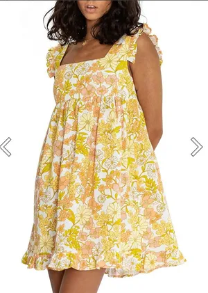 Girl and the Sun Izzy Short Sleeve Floral‎ Mini Dress yellow medium ruffle boho thumbnail 1