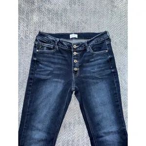 KanCan High Rise‎ Flare Jeans Dark Wash Button Fly Frayed Hem Size 30 thumbnail 2