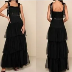 LULUS NWT Mystique Black Tulle Tie-Strap Tiered Maxi Dress Formal XXS thumbnail 5