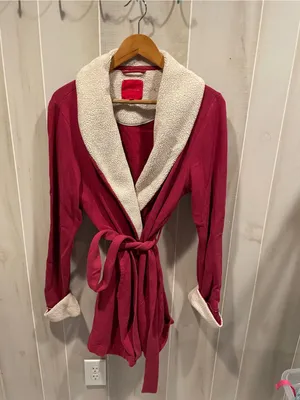 Cute soft Victoria’s Secret fleece trim sweatshirt robe pockets plum wine thumbnail 2