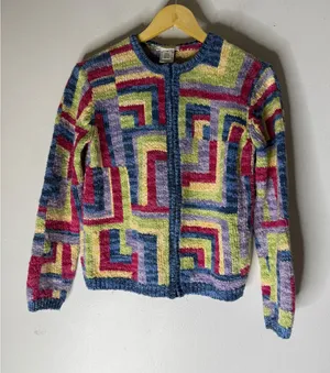 Talbots Vintage Multi Color Geometric Zip Front Cotton Knit Cardigan Sweater M thumbnail 1
