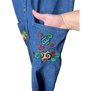 Westbound‎ Vintage Christmas Denim Maxi Dress Button Front Embroidered L thumbnail 4