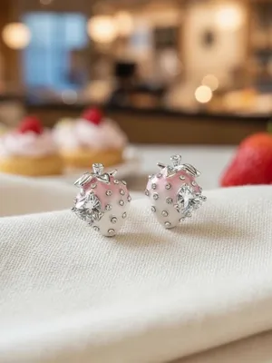 Silver Tone Pink Strawberry Crystal Stud Earrings thumbnail 5