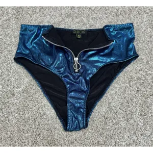 Club Exx Metallic Blue High Waist Bikini Bottom Zip Front Sz M Rave Festival thumbnail 3