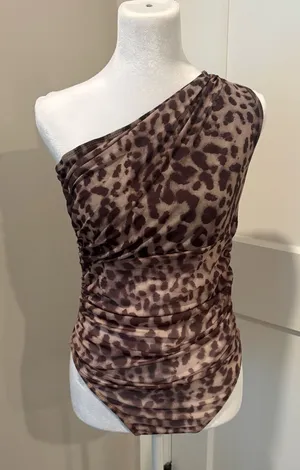 SheIn Leopard Print One Shoulder Bodysuit Mesh Stretch Ruched Medium thumbnail 1