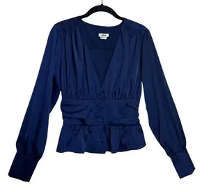 Jason Wu NWT Navy Satin Long Sleeve Corset Waist Blouse size Medium thumbnail 1
