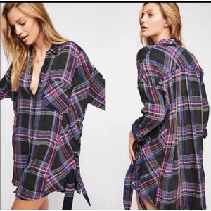 Free‎ People Cozycore Plaid Button Up Shirt Oversized Lace Up XS Grunge Boho thumbnail 4