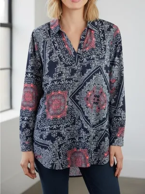 Chico's Navy Coral Medallion Scarf Print Tunic Top Long Sleeve Women's Size 2/L thumbnail 1