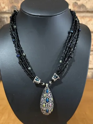 Chico’s Vintage Necklace Enamel Black Glass Beads Tier drop Pendant thumbnail 1