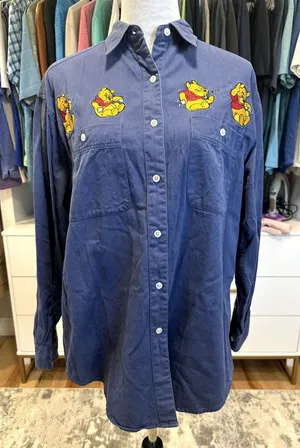 Vintage Disney Winnie The Pooh Denim Long Sleeve Button Down Embroidered M thumbnail 1