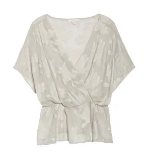 WAYF Gray Neutral Sheer Floral Dean Crossover Peplum‎ Blouse Top Size 1X thumbnail 1