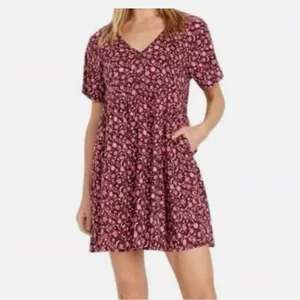 Old Navy Floral Mini Dress Women’s Small Burgundy Pink V-Neck Pockets Boho thumbnail 4