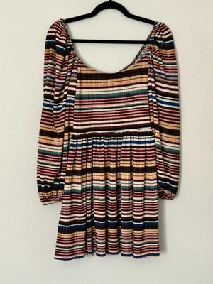 Zara Striped Babydoll Mini Dress Puff Sleeve Earthy Artsy‎ Festival Boho Medium thumbnail 3