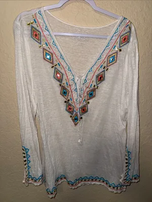 INC International Concepts White Embroidered V-Neck Tunic thumbnail 3